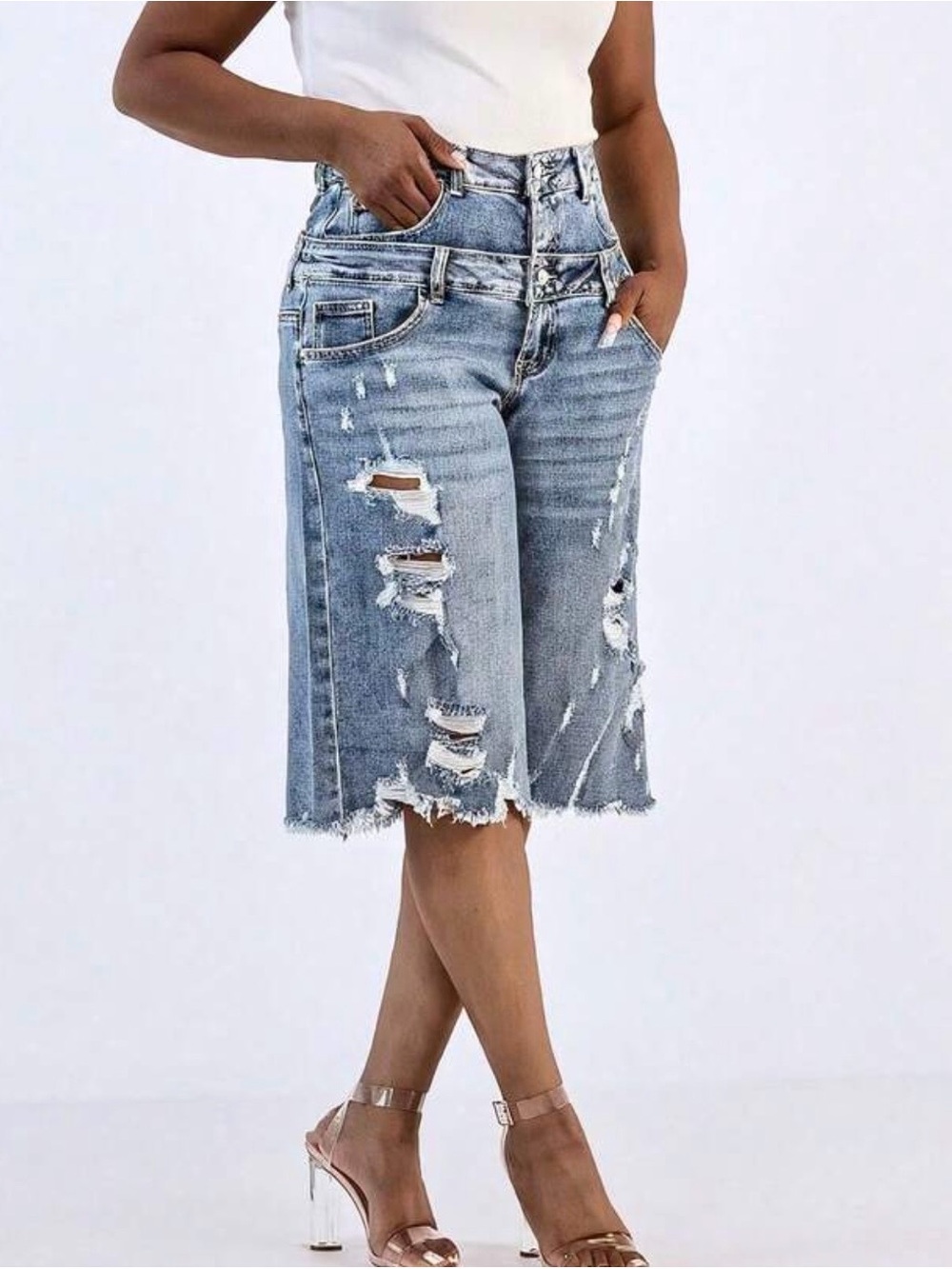 Distressed High-Waist Denim Bermuda Shorts - Light Blue - Picture 2 of 3